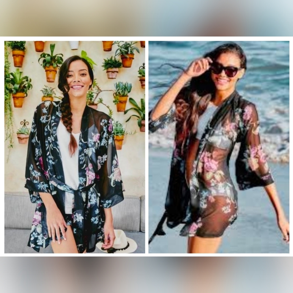 Helena Quinn Floral Belted Sheer Kimono Cover-Up